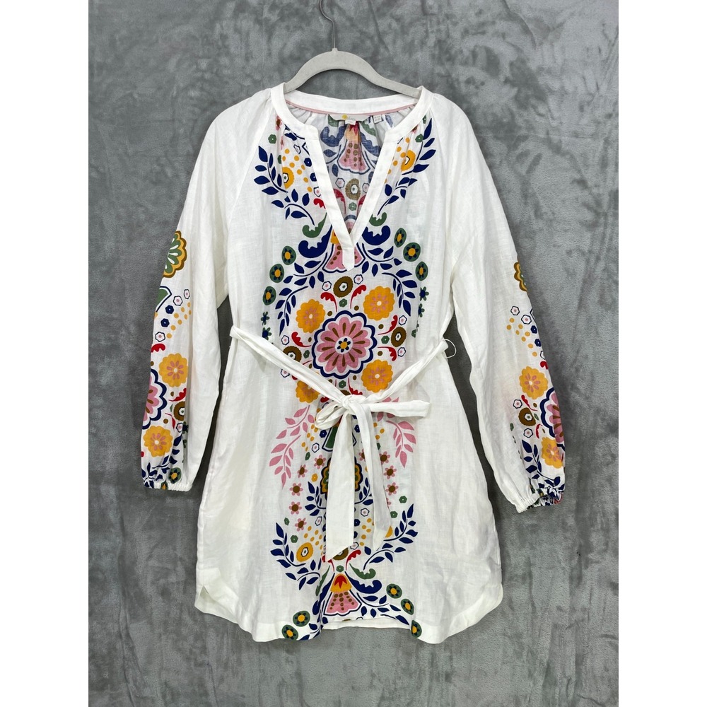 BODEN 100% Linen Dress White Floral Print Belted Long Sleeve Knee Length Pockets